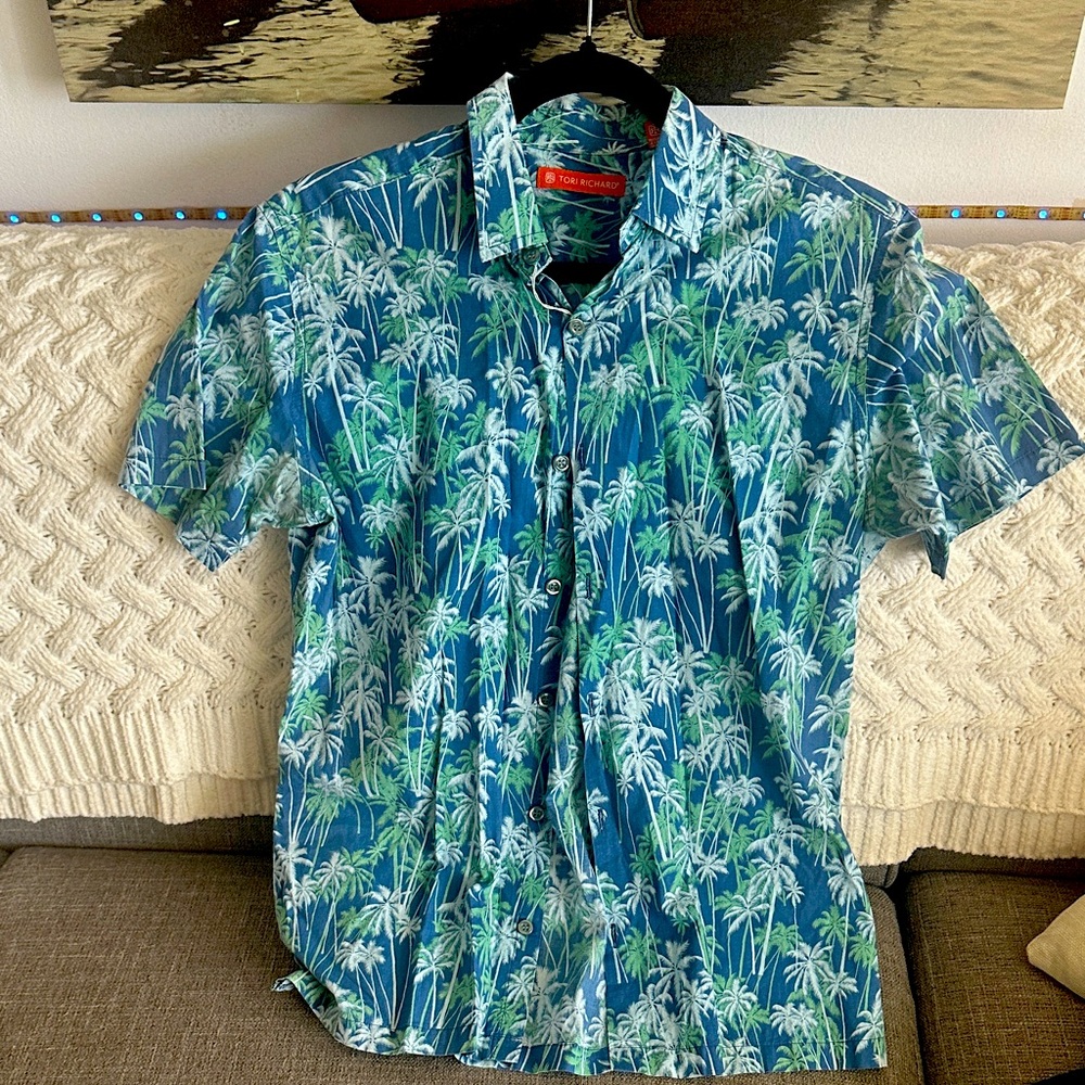 Tori Richard Blue and Green Palm Print Shirt